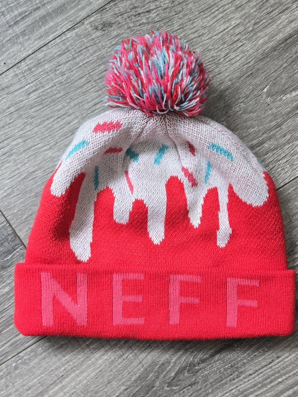 Neff Sweet Cupcake Pom Pom Beanie Red White Sprinkle Knit Hat